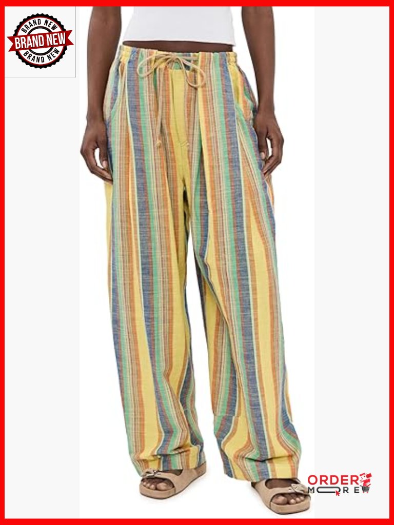 Women's Linen Wide Leg Pants Mid Rise Drawstring Stripe